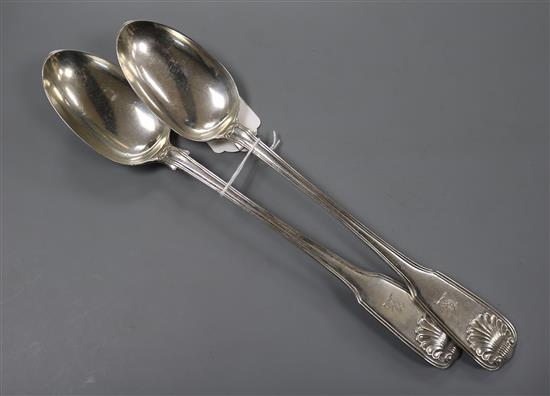 A pair of early Victorian silver fiddle, thread and shell pattern basting spoons by William Eaton, London, 1838, 10 oz.